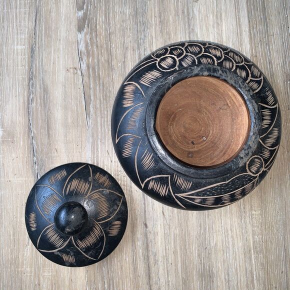 Vintage Handmade Hand Carved 7" Round Wooden Trinket Jewelry Storage Bowl w/ Lid - Picture 3 of 7